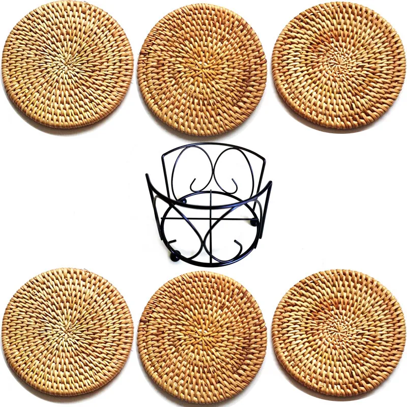 kungfuティーアクセサリー用の飲みコースターラウンドテーブルウェアプレースマット皿マットラタン織りカップパッド直径10cm 220610