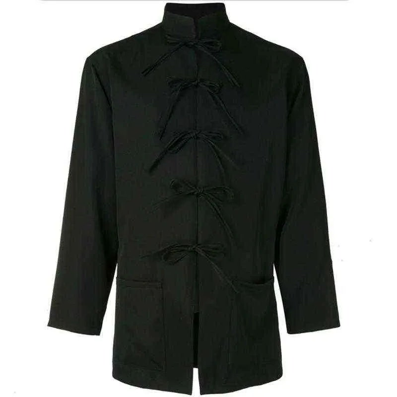 Camicia allentata nera da uomo primavera ed estate nuova tendenza personalità cappotto giovanile manica lunga colletto alla coreana camicia casual L220704