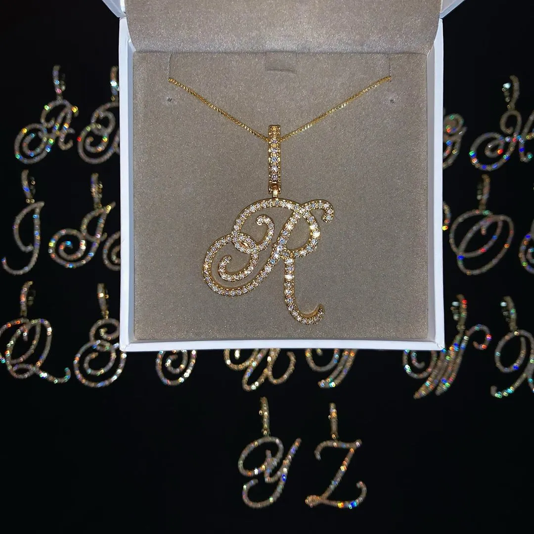 Cursive 26 Initial Letter Pendant Necklace Micro Pave 5A Cubic Zirconia CZ Alphabet Name Jewelry266T