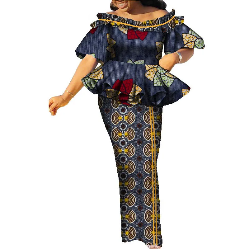 Bintarealwax Двух кусочков платье Dashiki Африканские платья костюм и принт для юбки плюс размеры для женщин для элегантной леди -вечеринки WY9021