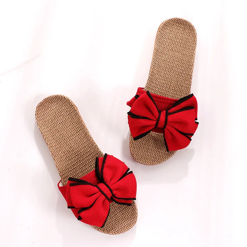 Mntrerm Casual for Home Slippers Summer Bowknot Soft Floor Woman Indoor Flats Shoes Cute Linen Slipper Terlik 220630