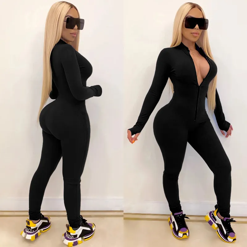 Style Women Solid Color Jumpsuit Ladies Zipper Front Long Sleeve Fitness Rompers Playsuits 220620