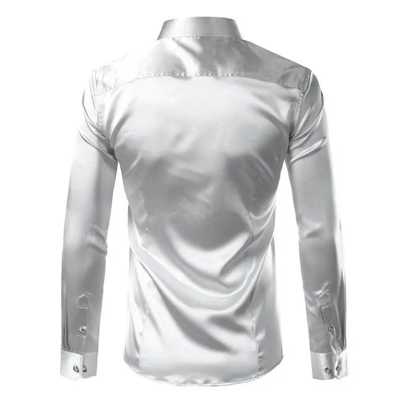 Silk Shirt Men Satin Smooth Solid Tuxedo Business Chemise Homme Casual Slim Fit Shiny Gold Wedding Dress s 220322