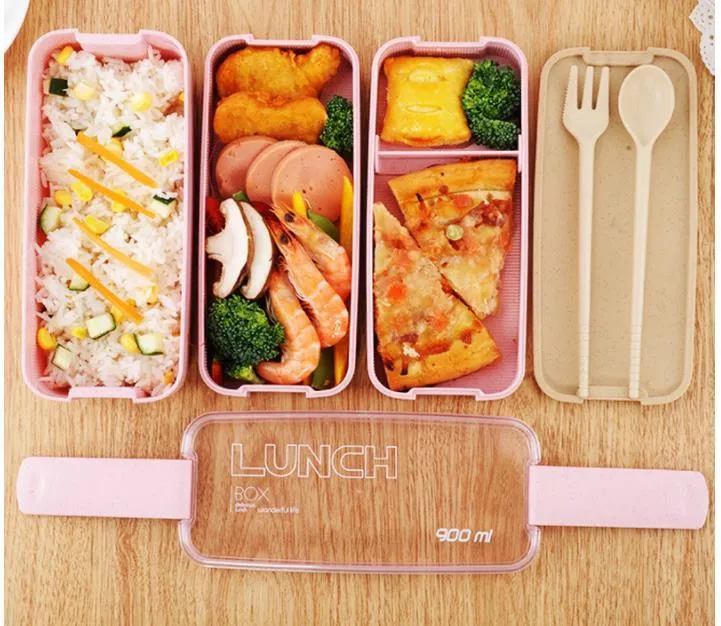 2022 Lunch Box 3 Grid Wheat Straw Bento Transparent lock Matbehållare för arbete Travel Portable Student Lunch Boxes Containrar