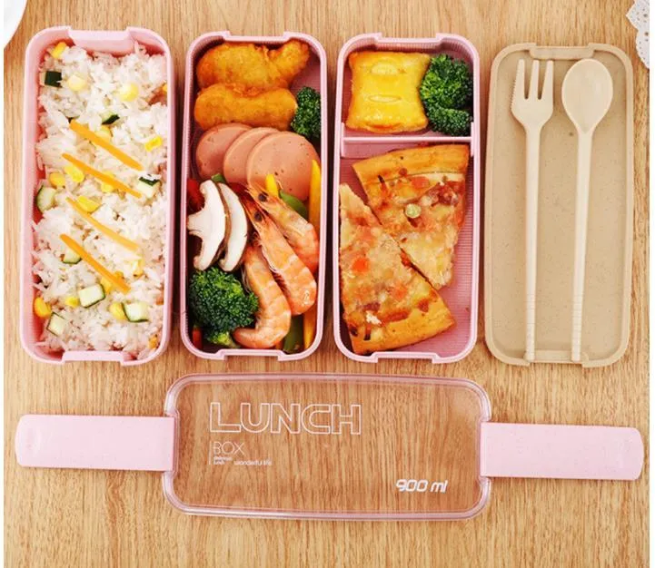 2022 Lunch Box 3 Grid Wheat Straw Bento Transparent Lid Food Container For Work Travel Portable Student Lunch Boxes Containers