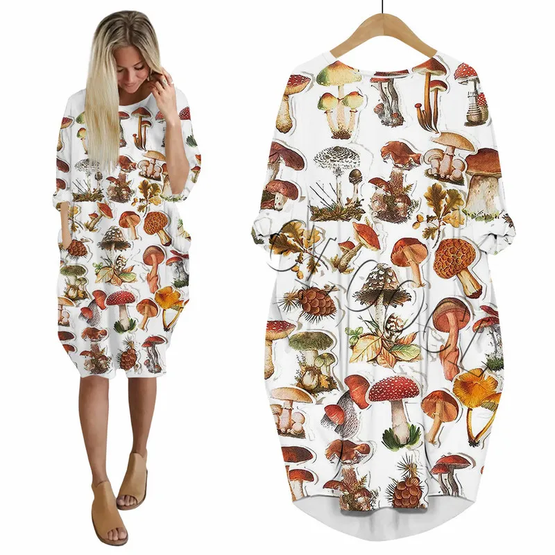 Robe Vintage imprimée champignon végétal en 3D pour femmes, tenue décontractée avec poches, vêtements de fête, manches longues, W220617