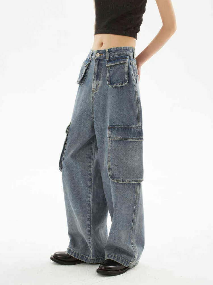 Washed Blue Retro Multi-Bag Jeans Summer Nowy amerykański amerykański prosty luźne luźne szerokie nogi unisex kombinezon dżinsowe spodnie Kobieta T220728