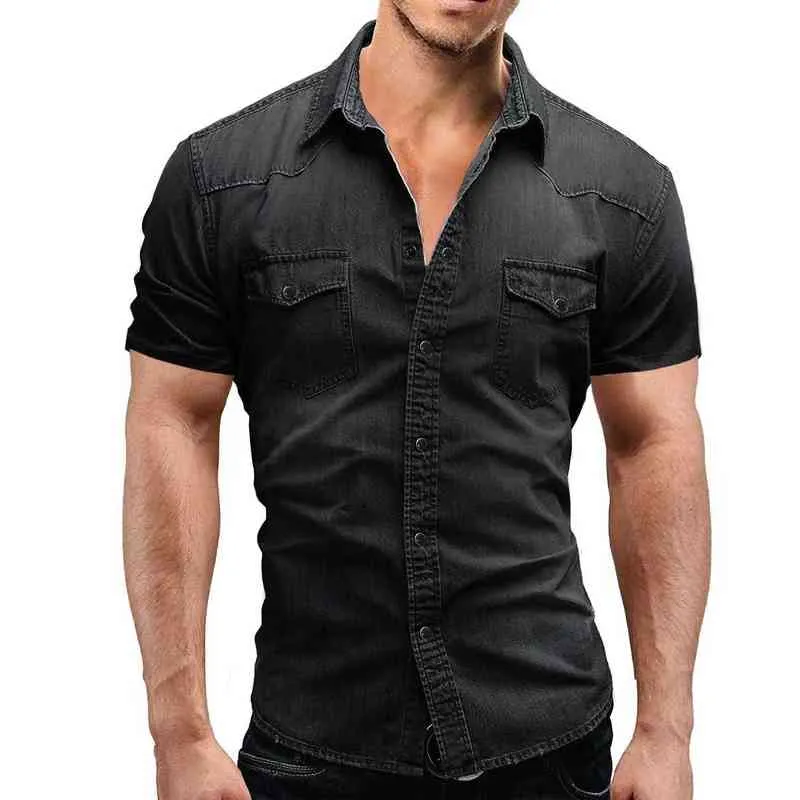 Hommes Denim Chemises Vintage Turn-down Col Dégradé Solide Été Casual À Manches Courtes Chemise Boutonnée Vêtements Pour Hommes Streetwear L220704