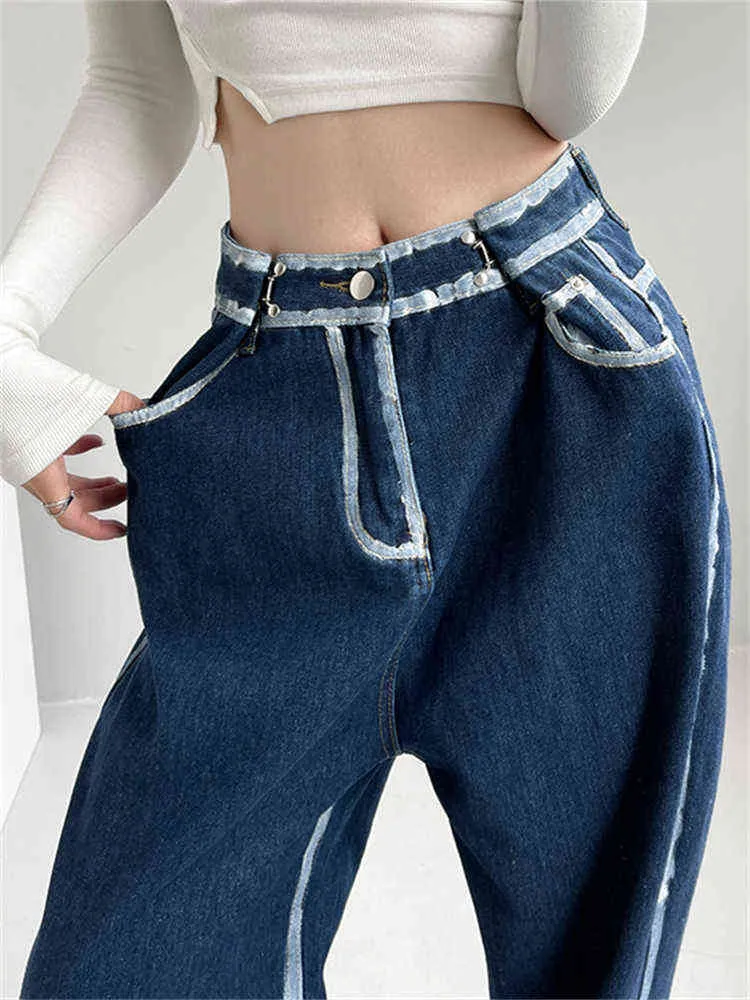 Midja justerbar målad vit kant blå jeans kvinnors sommar raka löst smal kontrast brett ben denim byxor kvinnliga l220726