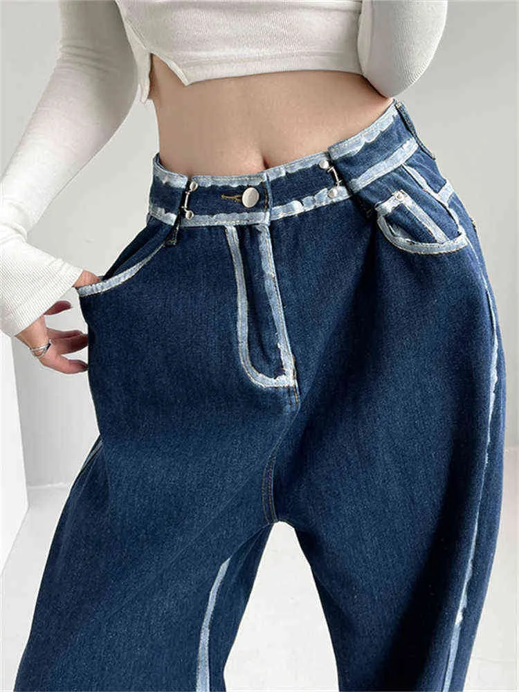 Regulowane talii pomalowane białe dżinsy Białe Edge Damskie letnie proste luźne luźne szczupły kontrast szeroko nogi dżinsowe spodnie Kobieta L220726