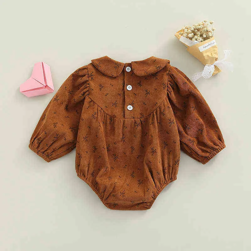 Princess Toddler Rompers Spring Autumn Newborn Baby Girls Corduroy Floral Long Sleeve Rompers Jumpsuits Spädbarnskläder kläder G220510