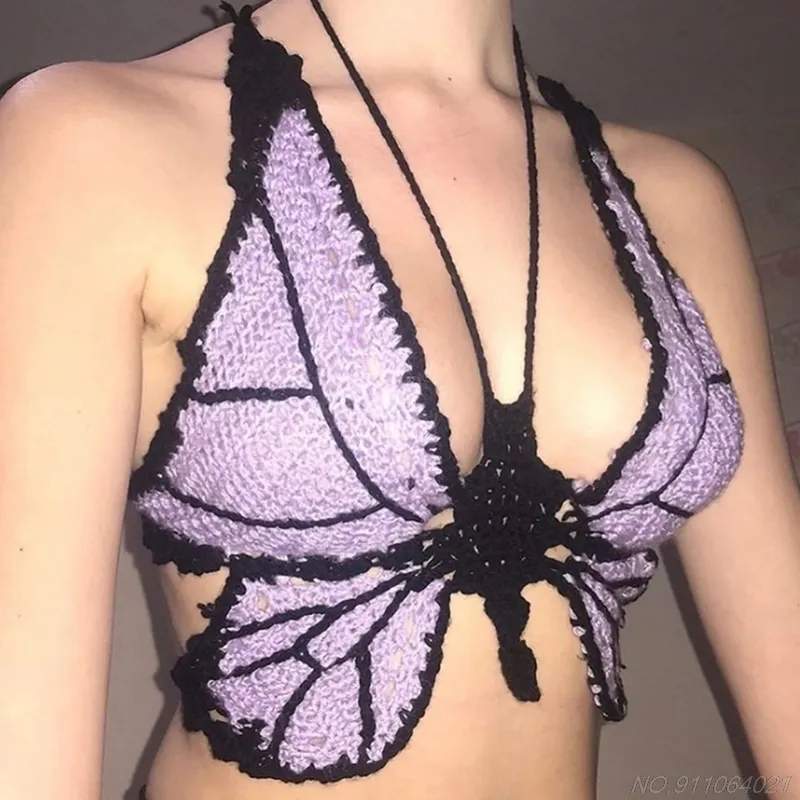 Women Summer Sexy Hollow Out Knit Camisole Deep V-Neck Halter Backless Crop Top Crochet Butterfly Bralette Bra Vest Beach ju30 220316