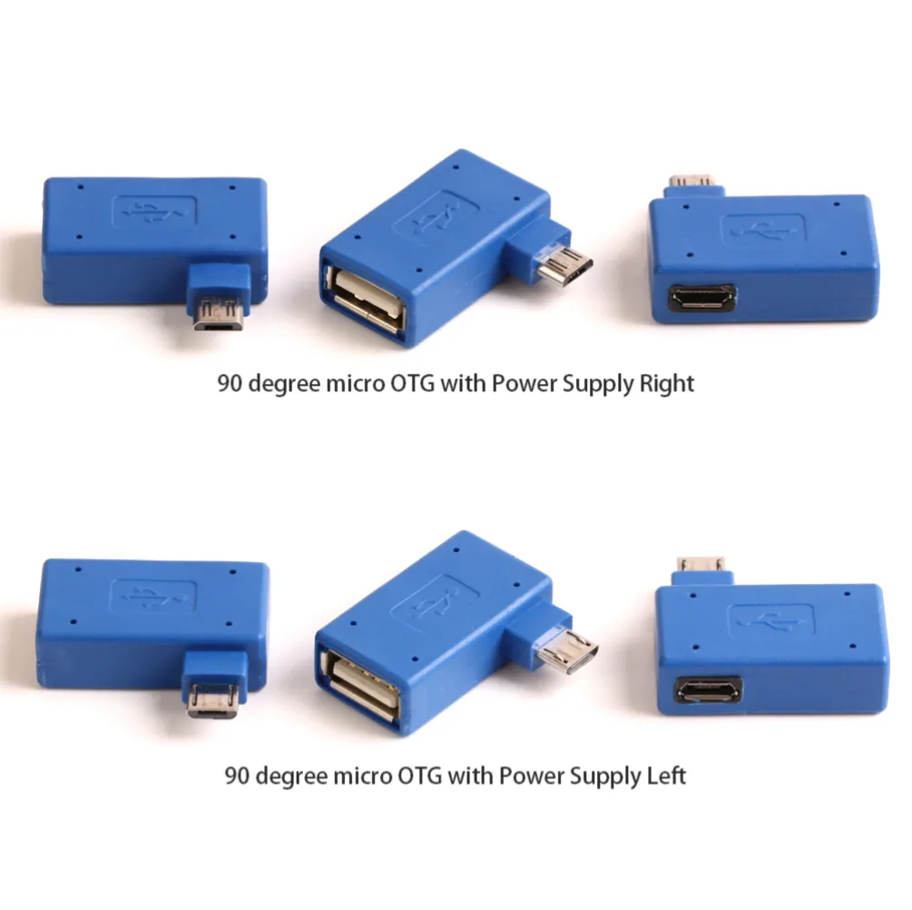 Conector azul USB 2.0 hembra a macho Micro OTG Puerto de fuente de alimentación Adaptadores en ángulo izquierdo y derecho de 90 grados