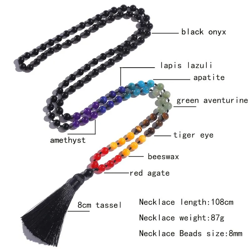 Collares colgantes Showboho 108 Mala Beads 7 Chakra Collar 8 mm Negro Onyx Anudado Meditación Yoga Oración Rosario para hombres y mujeres241P