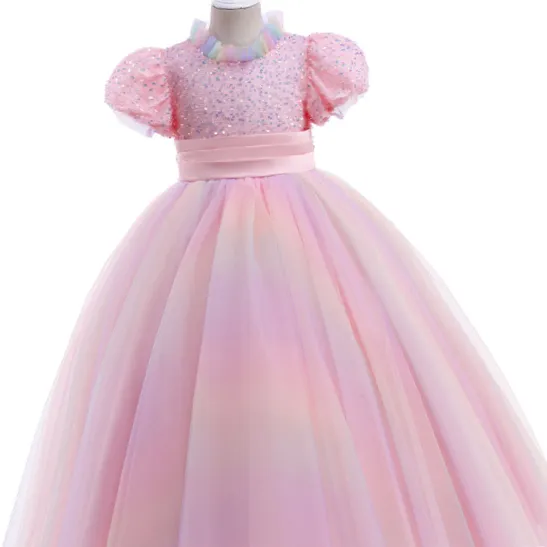 Stock 2–14 Jahre Spitze Tüll Blumenmädchenkleider Schleifen Kinder Erstkommunion Kleid Regenbogen Prinzessin Ballkleid Hochzeit Party Kleid