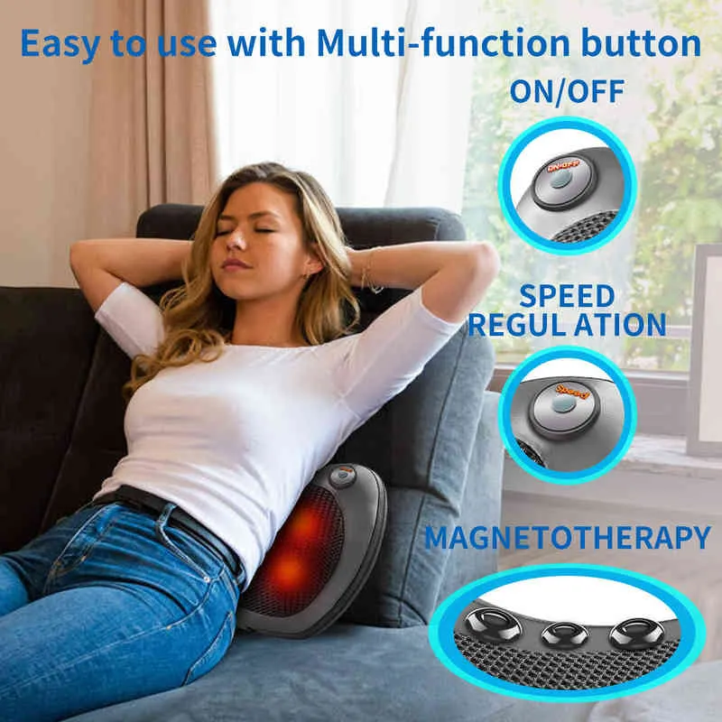 Relaxation Massage Pillow Magnet Electric Shoulder Back Heating Kneading Infrared therapy shiatsu Neck Massage 220507