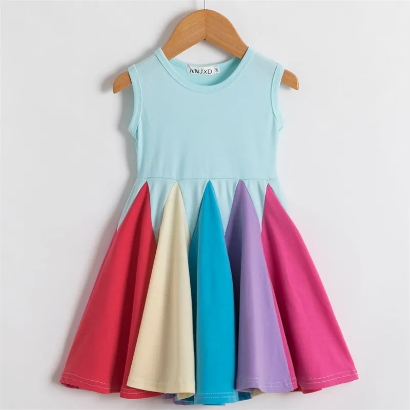 Girls Dress 2022 Summer Fashion Girls Princess Dress Rainbow Color Short Sleeve Cotton Patchwork 2-6T Girls Voile Tutu DressesCX220514