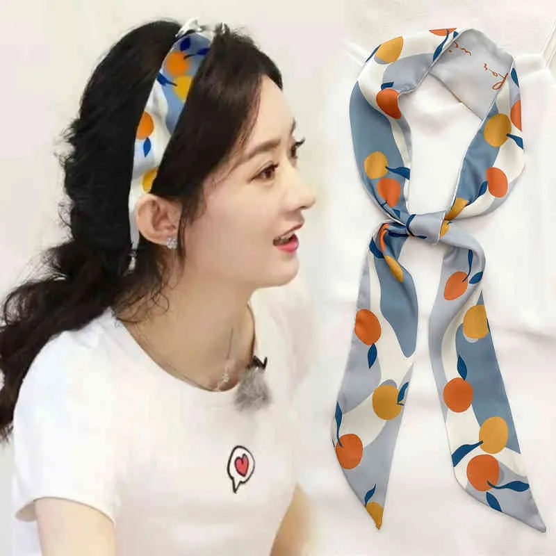Print Silk Skinny Headband Scarf Women Luxury Korea Neck Tie Girls Hair Hand Bag Wrist Foulard Bandana Spring Scarves 2022
