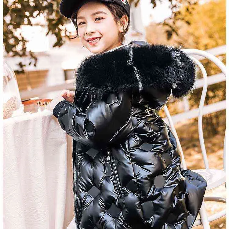 Big Size Long Style Fashion Winter Keep Warm Girls Jacket Glossy Anti-stain Heavy Hooded Outerwear For Kids Children Clothes J220718