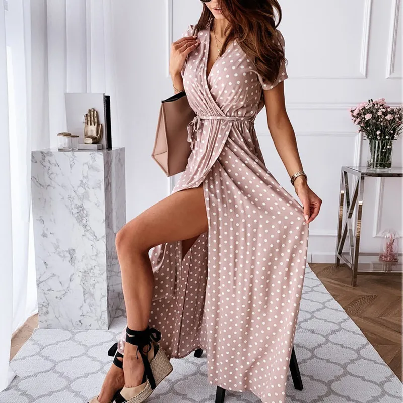 Lady Short Sleeve Bandage Long Casual Feminine Party Dresess V Neck Fashion Sexig Polka Dot Print Loose Bohemian Split Dress 220613