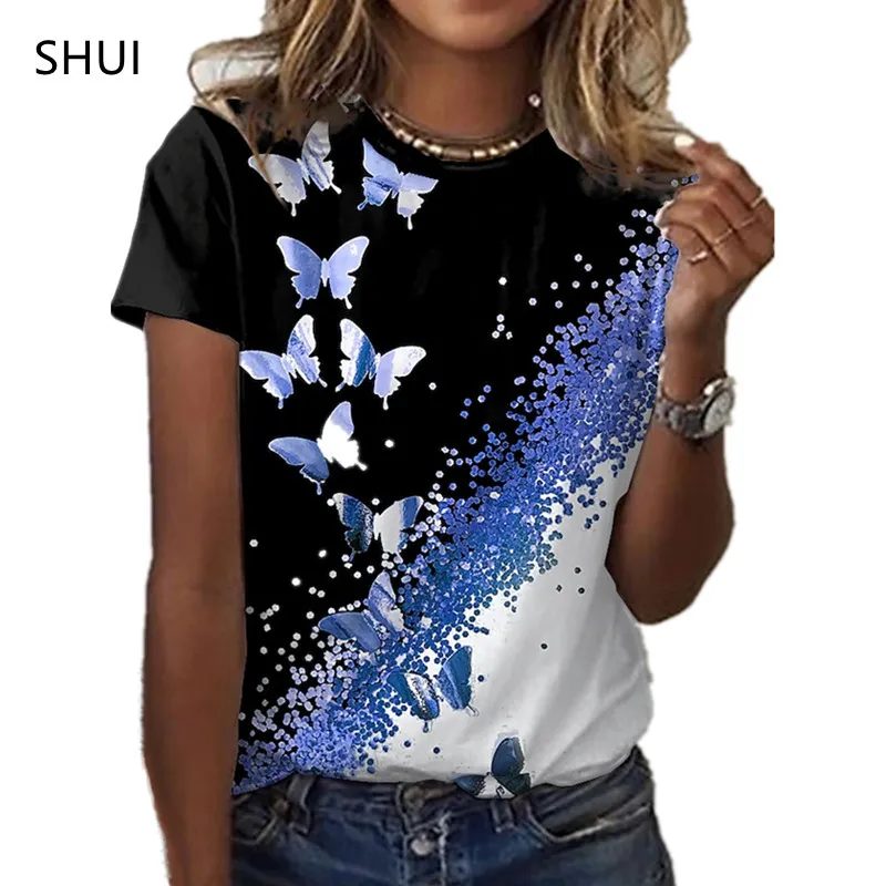 Butterfly Lady T -shirt 3D bloemen afdruk ronde nek casual niche ontwerp sense kleding vrouwelijke dierenreeks korte mouw 220526