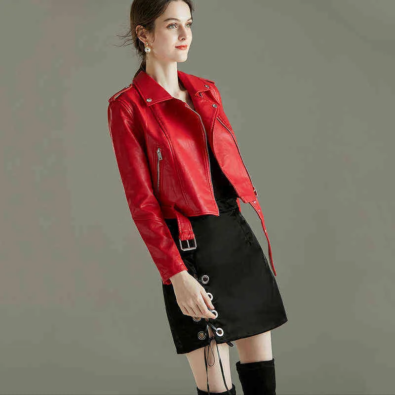 Mulheres Faux Couro macio de jaqueta curta Rivet Epaulet Zipper Pu Motocicleta Básica Jackets Básico Feminino Red Black Lear