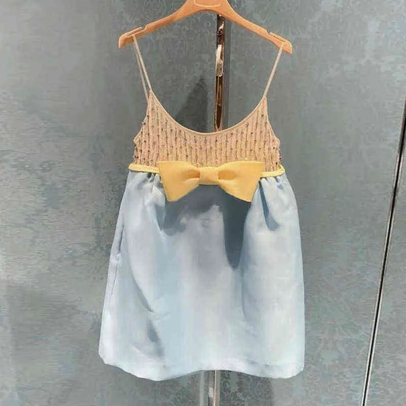 Summer New Dress Girl Heavy Industry Bowknot Puszysty paznokcie koralik Sling