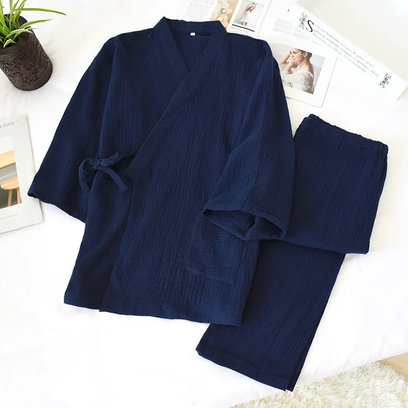 Japanese Kimono Pajamas V-Neck Long Sleeve Pijamas Women Set Autumn Double Layer Gauze Sleepwear 100% Cotton Sleep Tops 220329