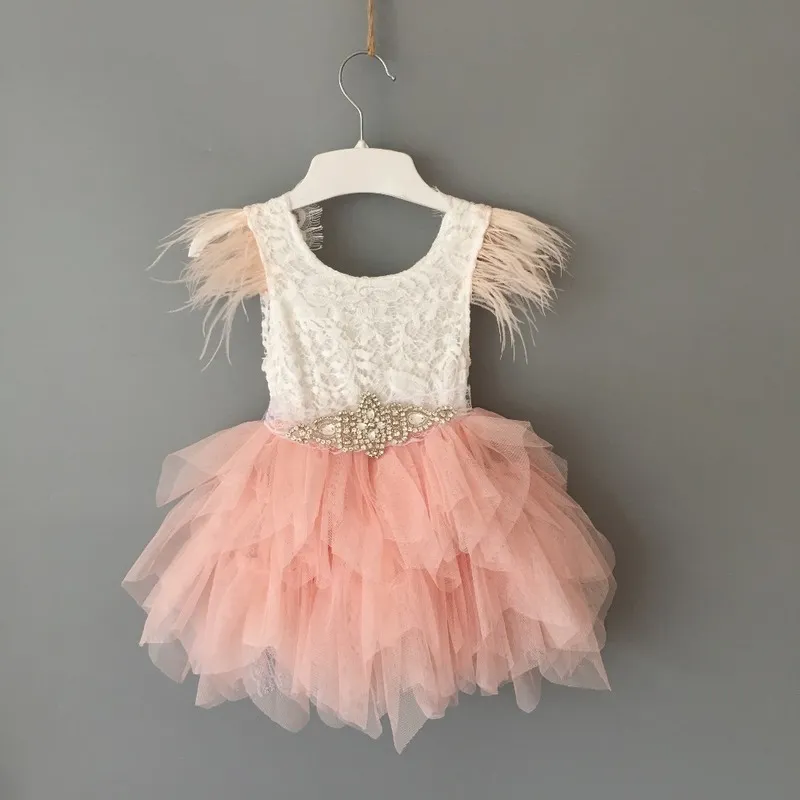 Princess baby feather dress 1st birthday party toddler girls lace flying sleeve summer kids tutu clothing with sashes 220426