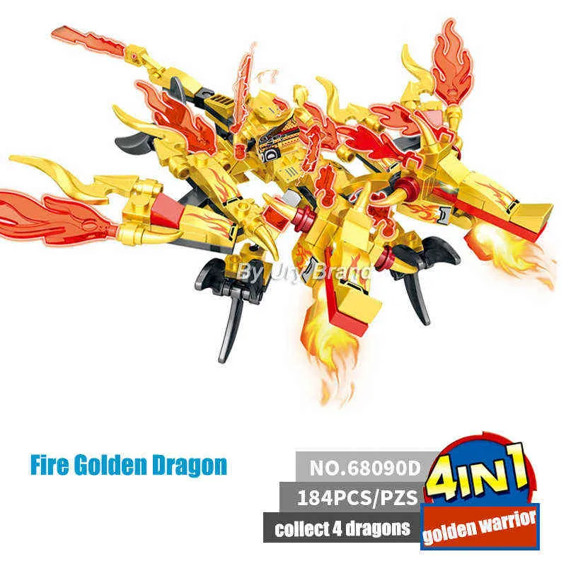 4in1 Ninja Golden Warrior Robot Mech 2 Heads Flying Dragons Set Fighter Figures Bouwstenen Speelgoed voor Kinderen Jongens Chritmas Gift AA220317