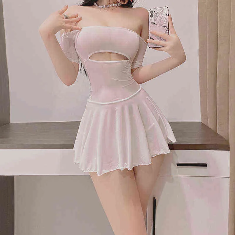 Micro Mini Dress Club Wear Sexy Sheer See Through Women Ice Silk A-Line Pleated Dress Women Sleepwear Ruffled Dress With Thong Y220401