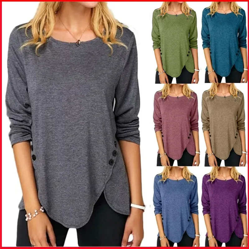 Przycisk O Neck Solid Color Tunice T-shirt Kobiety Odzież Długie Rękaw Loose Casaul Nieregularne swetry Tops koszulka femme 220328