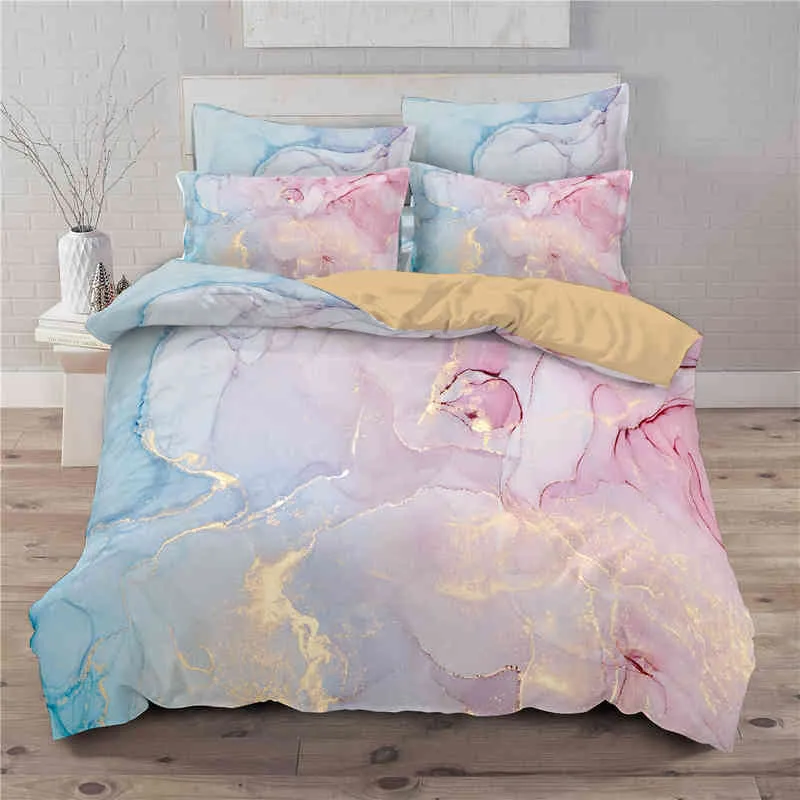 Ensemble housse de couette King/queen Size Literie géométrique bleue 3 pièces Couette imprimée en marbre moderne avec fermeture éclair 2 taies d'oreiller