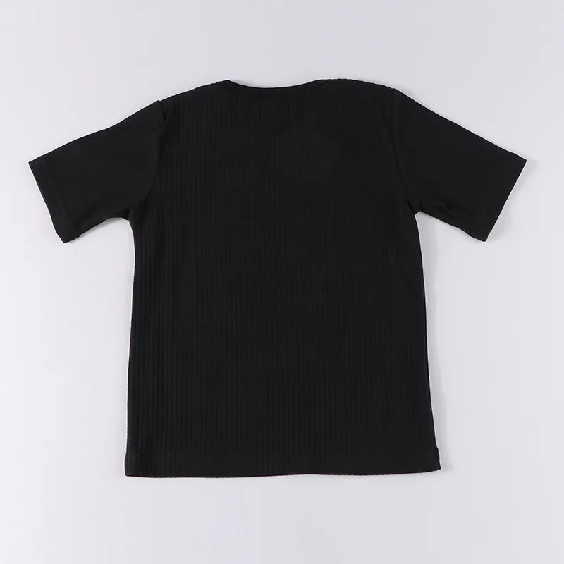 T-shirt d'été à manches courtes et longues pour enfants, vêtements pour garçons et filles, patch en denim noir, col rond, 220607