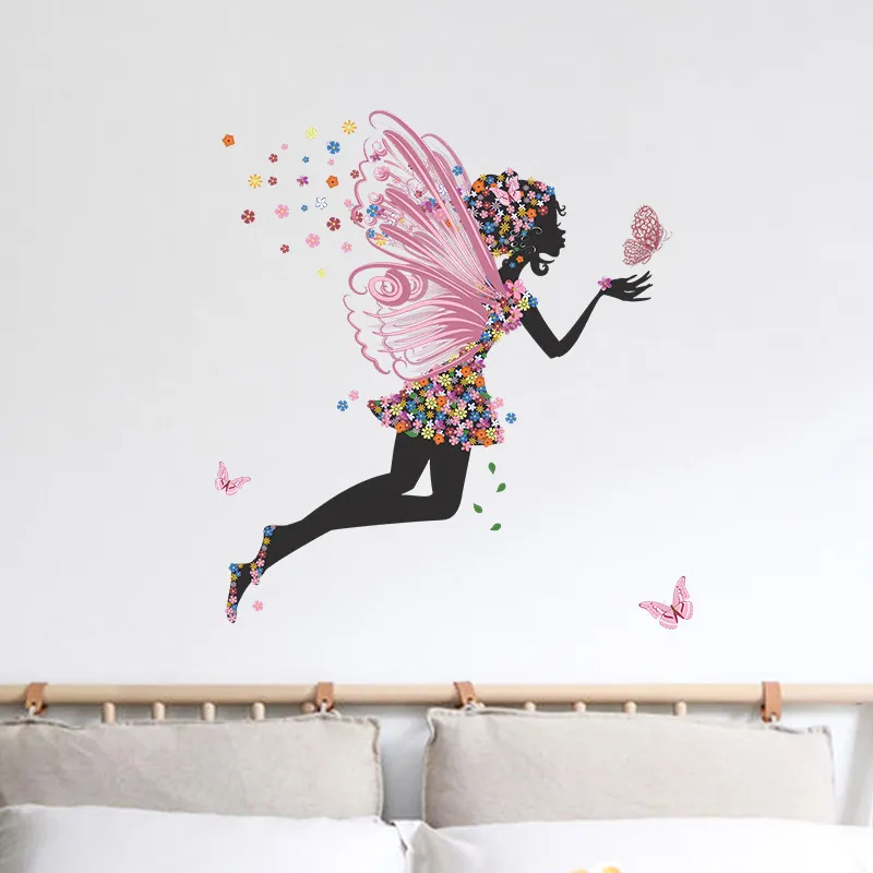 Tecknad fjäril Fairy blommig flicka med paraplyvägg klistermärken för sovrum barn rum dekaler färgglada blommor pvc 220607