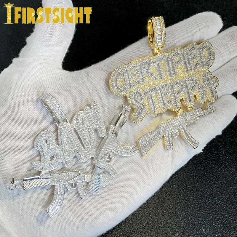Chains Iced Out Bling CZ Gun Pendant Necklace Cubic Zirconia Letter Certified Steppa Necklaces Men Fashion Hip Hop JewelryChains C291B