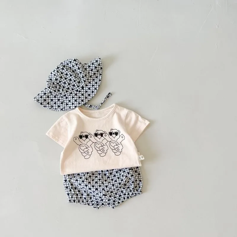 Summer Baby Baby Short Sandy Zestaw dla dzieci dziewczyna urocza niedźwiedź drukowana koszulka krótkie kapelusz 