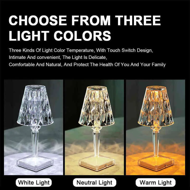 RGB White LED Diamond Table Lamp Remote Control USB Charging Touch Sensor Restaurant Bar Decoration Table Lights Romantic Lamp H22278e