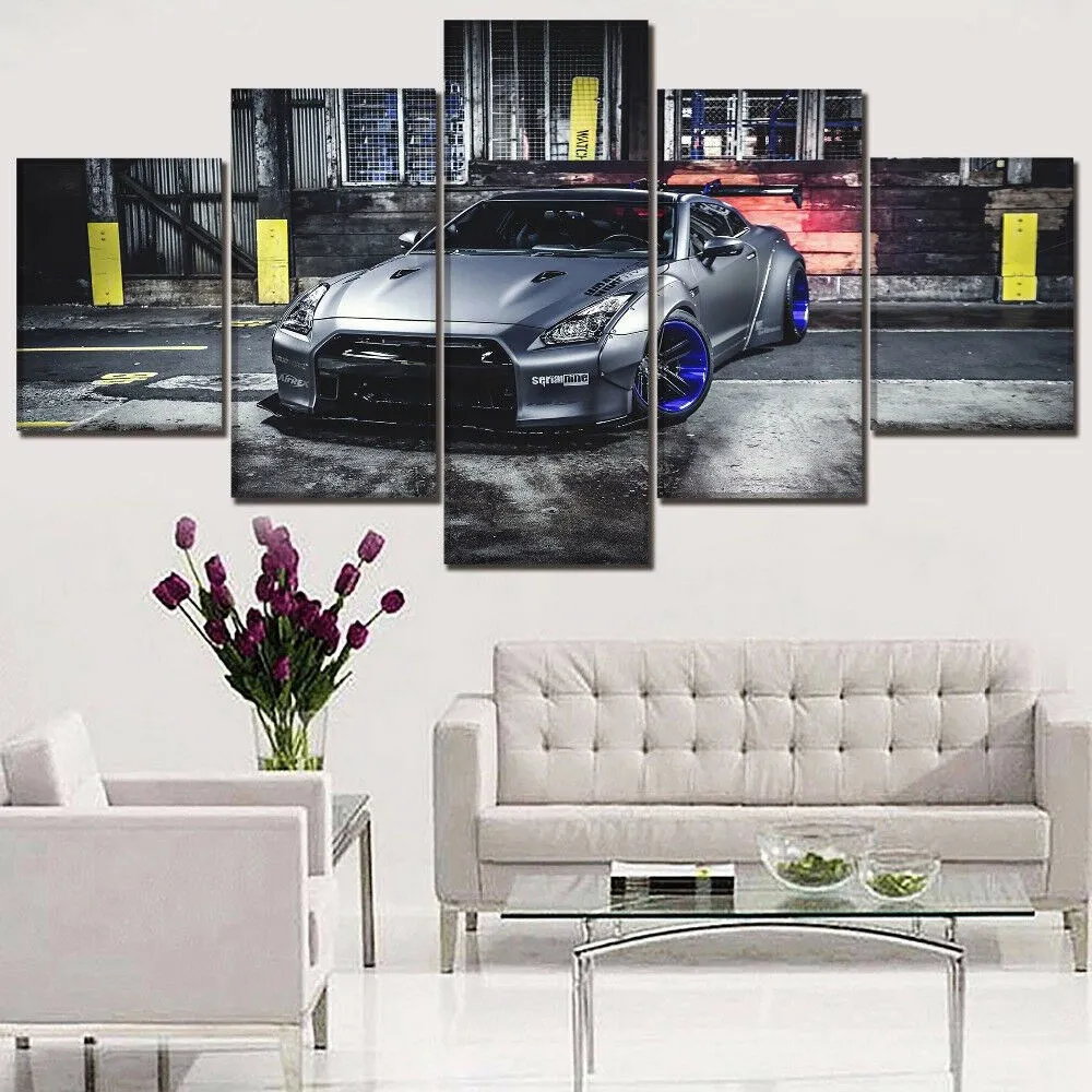 Prata gtr carro esportivo deriva 5 pçs imagem da lona impressão arte da parede pintura em tela decoração da parede para sala de estar cartaz sem moldura