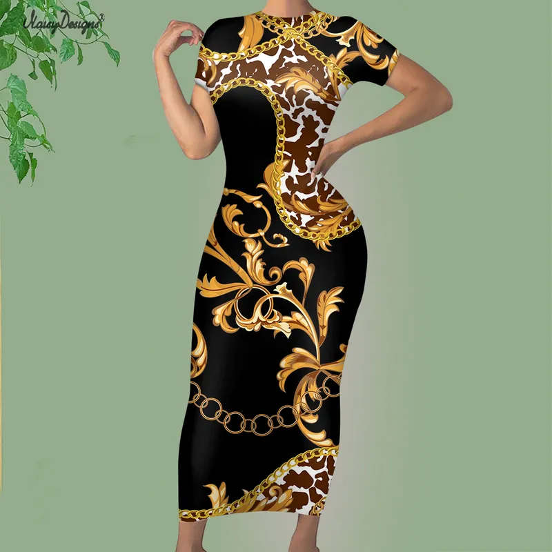 Noisydesigns lüks altın Avrupa çiçek parti elbisesi moda zarif bayanlar yuvarlak boyun seksi bodycon boyutu 4xl dropship 220627