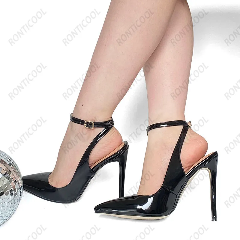 Ronticool kadınlar bahar pompaları ayak bileği kayışı patent patent deri stiletto topuk sivri ayak parmağı zarif siyah parti ayakkabıları beden 5-15