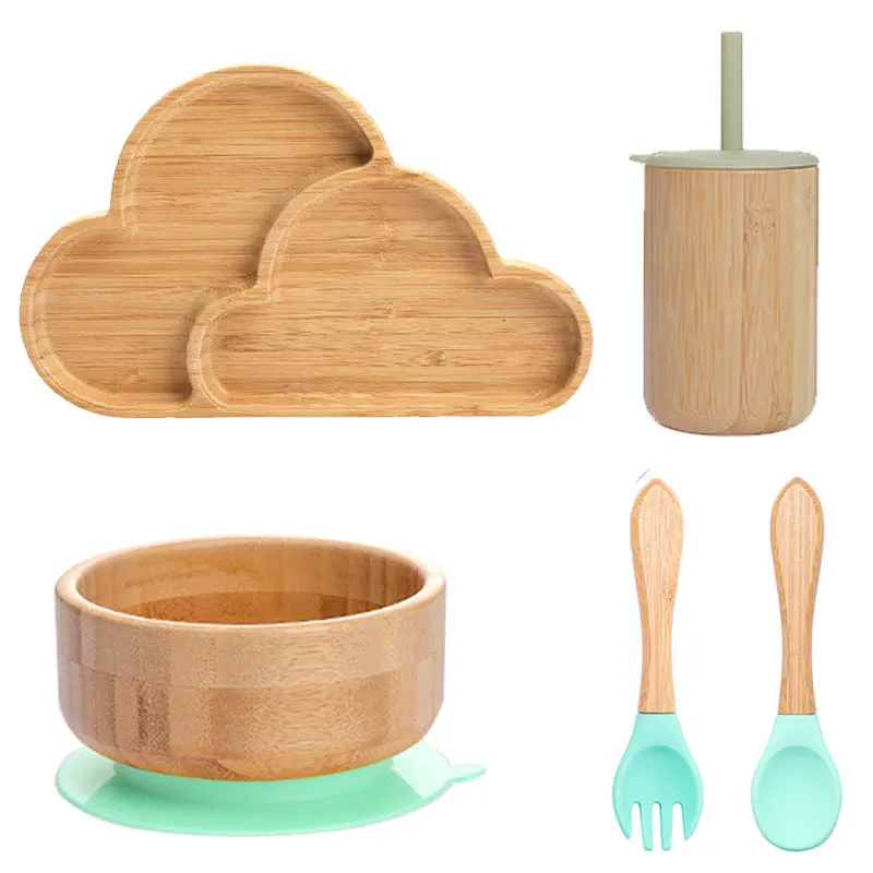 BOPOOBO Conjunto infantil S Tableware Baby Bowl Plate Fork Spoon Copo Feeding Food Bamboo BPA Free Non Slip 220708