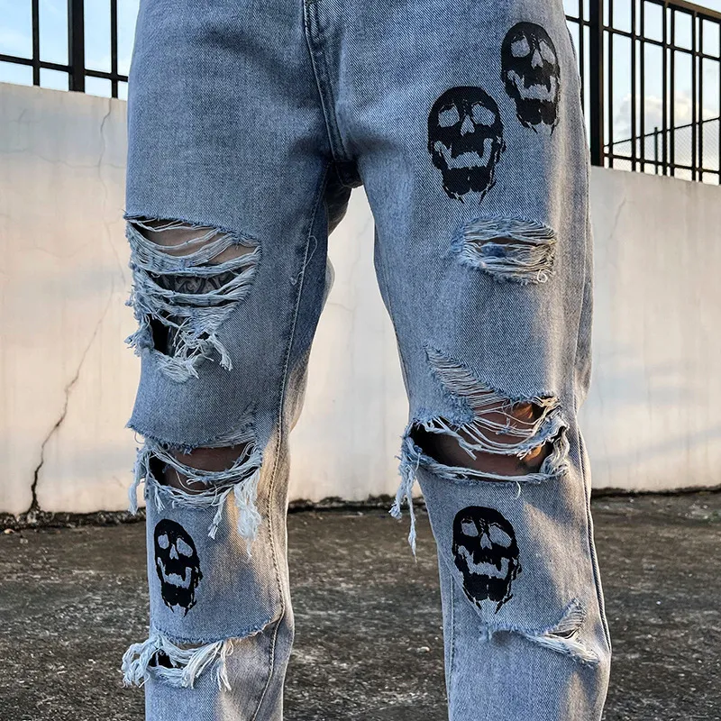 Fashion Skull Printed Denim Jeans Mens Destored Holes Zipper Flare Hip Hop Streetwear Summer Casual Joggers Byxor 220328