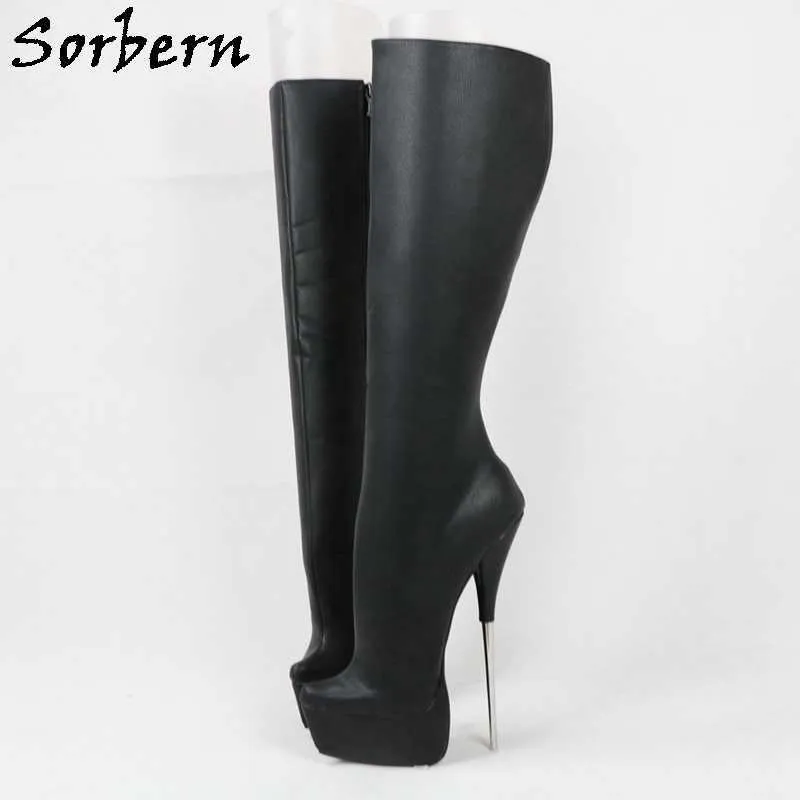 Sorbern 21cm 높은 발레 부츠 Unisex Sissy 오렌지 무릎 높은 페티쉬 신발 금속 발 뒤꿈치 드래그 퀸 crossdresser bdsm 사용자 정의 너비