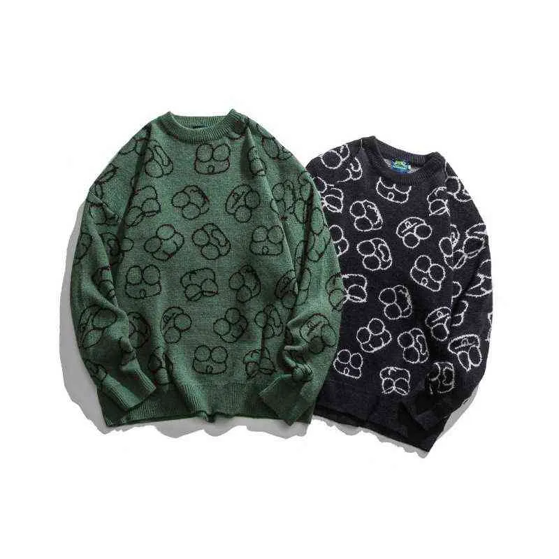 2021 Nouvelle Arrivée Dessin Animé Jacquard Vintage Vert Hommes Chandail Tricoté Moche Hip Hop Femmes Pull Rétro Style Tricots Pull Homme T220730