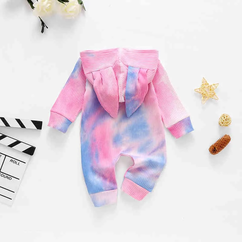 Infant Baby Cotton Romper Long Sleeve Tie Dye Print Zip up Jumpsuit with Cute Bunny Hood G220521