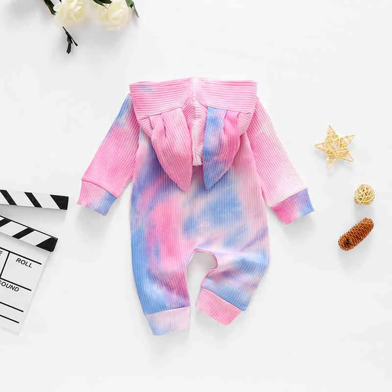 Spädbarn baby bomull romper långärmad slips färgämne tryck zip up jumpsuit med söt kanin huva G220521