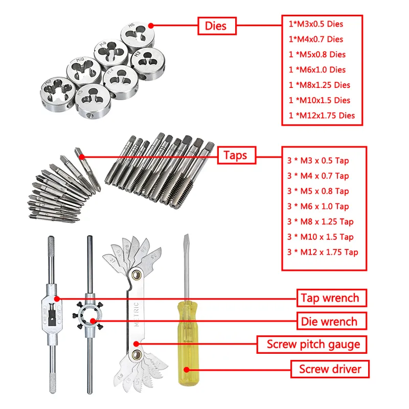 Ensemble de 32 tarauds et matrices HSS Clé métrique coupe M3-M12 H Kit d'ingénieur d'outils de filetage avec boîtier en métal 220428