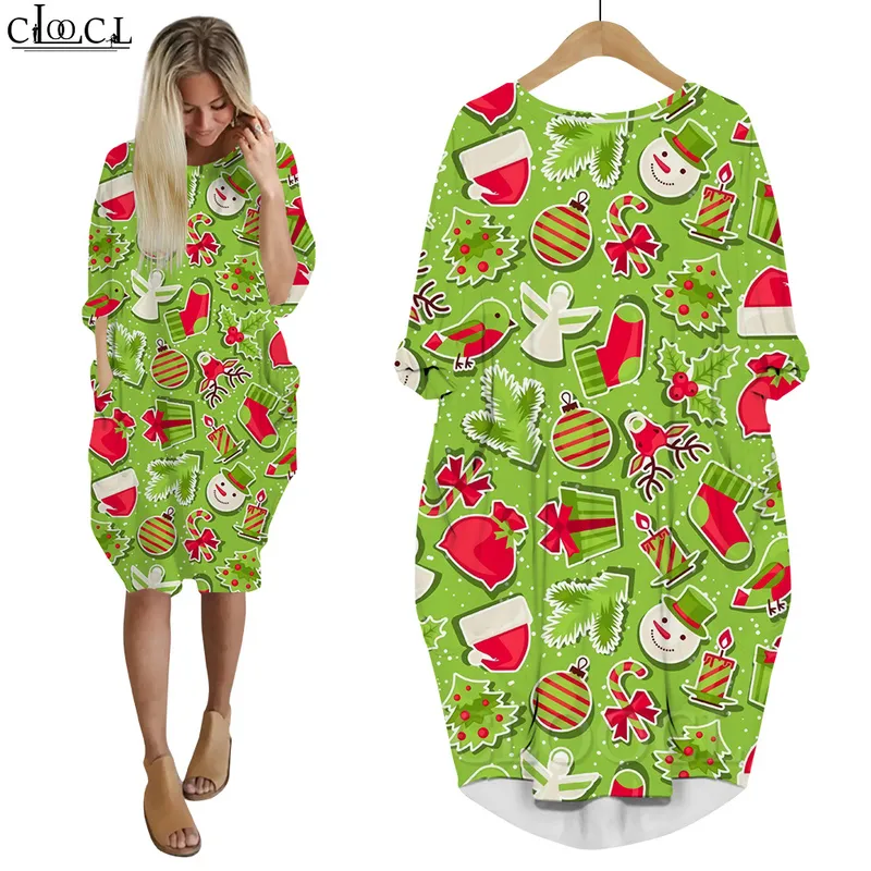 Robe de Noël Père Noël 3D Imprimé Baggy Femmes Robes À Manches Longues Robe Femme Robes De Poche pour la Fête et Noël W220616