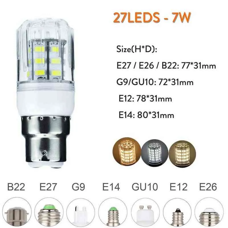 E27 E26 E12 E14 B22 G9 GU10 Lampadine a LED a mais DC 12V 24V Faretti 7W 27LED Lampade da tavolo luminose la casa Illuminazione interni H220428